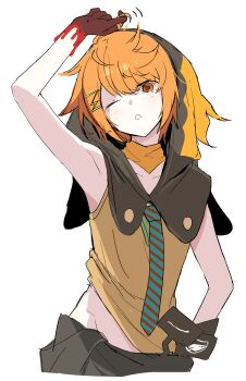 1boy :o androgynous bandana bishounen clothes_lift emia_(castilla) hair_ornament hairpin hand_on_own_hip head_tilt highres kimi_ga_shine looking_at_viewer male_focus necktie one_eye_closed orange_bandana orange_eyes orange_hair pale_skin playing_with_own_hair shirt short_hair sleeveless sleeveless_shirt solo striped_necktie toto_noel trap upper_body yellow_shirt