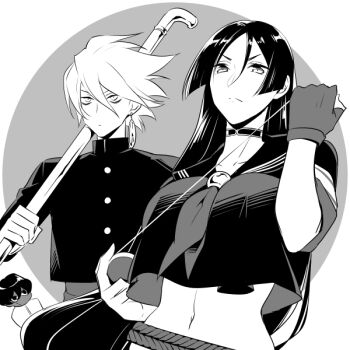 1boy 1girl 7dango7 black_skirt breasts crop_top crop_top_overhang fate/grand_order fate_(series) fingerless_gloves gloves greyscale jacket karna_(fate) large_breasts lead_pipe long_hair long_sleeves looking_at_viewer minamoto_no_raikou_(fate) minamoto_no_raikou_(fate/grand_order) minamoto_no_raikou_(swimsuit_lancer)_(fate) minamoto_no_raikou_(swimsuit_lancer)_(second_ascension)_(fate) monochrome navel neckerchief parted_bangs rope sailor_collar school_uniform serafuku shirt short_hair short_sleeves single_glove skirt very_long_hair yo-yo