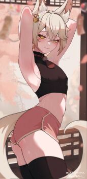 1boy :3 akumana androgynous animal_ears armpits arms_behind_back arms_up ass ass_peek bell bishounen black_shirt black_thighhighs blurry blush borrowed_character commission covered_erect_nipples crop_top crossed_bangs depth_of_field double-parted_bangs eyeliner girly_boy hair_between_eyes half-closed_eyes halterneck highres jingle_bell kitsune lipgloss makeup male_focus mark_under_both_eyes neck_bell original pectoral_cleavage pectorals pink_shorts raised_eyebrows red_eyeliner shirt short_shorts shorts split_mouth tail thighhighs trap turning_around yellow_eyes