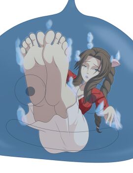 1girl aerith_gainsborough asphyxiation bad_end barefoot braid braided_ponytail brown_hair defeat digesting_girl digestion dragon_quest drowning dying elmonais feet final_fantasy final_fantasy_vii foot_focus helpless imminent_death monster peril slime_(creature) slime_(dragon_quest) soles toes underwater vore