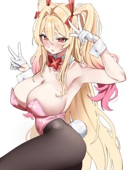 1girl absurdres armpits arms_up blonde_hair blush breasts brown_eyes brown_pantyhose cleavage collar commentary commission cowboy_shot demonia_(hiyono) detached_collar double_v fake_tail gloves gradient_hair hair_between_eyes hair_ornament hanakonenne highres huge_breasts leotard long_sidelocks multicolored_hair open_mouth original pantyhose pink_hair pink_leotard playboy_bunny rabbit_tail short_twintails sidelocks simple_background solo sweat sweatdrop tail twintails two-tone_hair v white_background white_collar white_gloves white_wrist_cuffs wrist_cuffs
