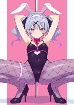 1girl animal_ears armpits arms_behind_head arms_up bare_shoulders black_footwear black_leotard blue_eyes blue_hair blush bow bowtie breasts bunny_day closed_mouth clothing_cutout cutout_above_navel detached_collar fake_animal_ears fishnet_pantyhose fishnets hair_ornament hairband hatsune_miku heart heart_cutout high_heels highres kamidan leotard long_hair looking_at_viewer object_in_bra pantyhose playboy_bunny pole rabbit_ears rabbit_hole_(vocaloid) smile solo spread_legs stripper_pole teardrop_facial_mark thigh_strap twintails vocaloid white_hairband x_hair_ornament