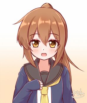 1girl black_sailor_collar blue_jacket brown_eyes brown_hair crescent crescent_pin fumizuki_(kancolle) fumizuki_kai_ni_(kancolle) gradient_background highres jacket kantai_collection neckerchief one-hour_drawing_challenge open_clothes open_jacket open_mouth orange_background ponytail sailor_collar school_uniform serafuku shirt smile solo upper_body white_background white_shirt yellow_neckerchief zanne
