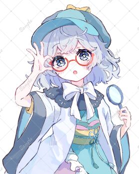 1girl :o blue_eyes blue_hat blue_kimono blush bow bowtie commentary_request glasses grey_hair hat highres holding holding_magnifying_glass jacket japanese_clothes kimono looking_at_viewer magnifying_glass obi open_clothes open_jacket open_mouth original red-framed_eyewear round_eyewear sample_watermark sash short_hair short_sleeves solo upper_body watermark watermark_grid white_background white_bow white_bowtie white_jacket wide_sleeves yellow_sash zane290