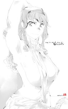 Rule 34 | 1girl, amagami, armpits, arms behind head, arms up, breasts, character name, closed mouth, commentary request, curly hair, dress, drill hair, greyscale, hairband, highres, large breasts, long hair, looking at viewer, mike156, monochrome, morishima haruka, naked sweater, sideboob, sign, simple background, sketch, sleeveless, sleeveless sweater, sleeveless turtleneck, solo, sweater, sweater dress, thighhighs, turtleneck, turtleneck sweater, virgin killer sweater, white background