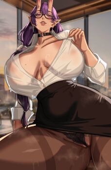 1girl absurdres alecto_0 black_skirt breasts character_request choker demon_horns formal_clothes highres horns long_hair nipples no_bra o-ring o-ring_choker office office_lady oni original pencil_skirt see-through_clothes see-through_shirt shirt skirt skirt_suit solo suit white_shirt