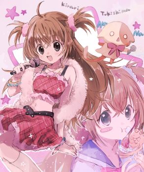 1girl blush blush_stickers bracelet character_name commentary_request crepe eating food food_on_face hano_luno highres holding holding_crepe holding_food holding_microphone jewelry kirarin_revolution long_hair looking_at_viewer microphone midriff multiple_views na-san navel necklace sidelocks skirt star_(symbol) tsukishima_kirari twintails