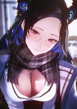 1girl absurdres black_hair black_scarf blue_hair breasts cleavage closed_mouth dragon_horns glasses highres hololive hololive_english horns jiang_ye_kiri large_breasts looking_at_viewer mole mole_under_eye nerissa_ravencroft nerissa_ravencroft_(casual) official_alternate_costume official_alternate_hairstyle plaid_clothes plaid_scarf red_eyes scarf shirt solo virtual_youtuber white_shirt