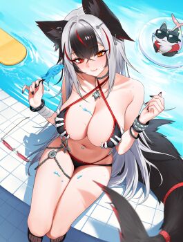 1girl :3 absurdres animal_ears bare_shoulders bikini black_bikini black_hair black_nails bracelet breasts brown_socks chain chano39 character_request choker cleavage closed_mouth commission criss-cross_halter dripping fins fish_tail food gradient_hair halterneck hands_up heterochromia highres holding holding_food holding_popsicle indie_virtual_youtuber jewelry large_breasts long_hair looking_at_viewer multi-strapped_bikini_bottom multicolored_hair nail_polish navel navel_piercing necklace no_shoes orange_eyes piercing poolside popsicle red_eyes shark_tail sitting smile socks solo stomach streaked_hair string_bikini studded_bracelet swimsuit tail thighs two-tone_hair very_long_hair virtual_youtuber white_hair