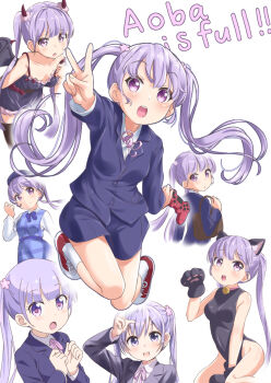 ! !! 1girl animal_ears bag bare_arms bare_legs bare_shoulders bat_wings bell black_thighhighs blush breasts business_suit cat_ears character_name closed_mouth collarbone controller dot_nose english_text fake_animal_ears fake_horns fake_wings feet_out_of_frame female_focus formal_clothes full_body game_controller gloves hair_between_eyes hair_ornament handbag hat highres holding holding_controller horns legs long_hair long_sleeves looking_at_viewer new_game! open_mouth paw_gloves purple_eyes purple_hair shirt shoes simple_background skirt small_breasts smile sneakers socks solo standing suit suzukaze_aoba teeth thighhighs thighs twintails upper_body v white_background white_shirt white_socks wings