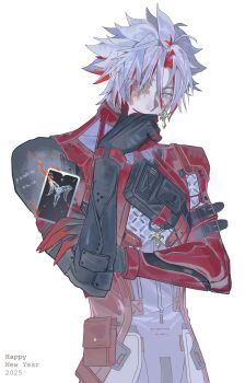 1boy absurdres card chinese_commentary commentary_request earrings facial_scar hair_between_eyes hand_on_own_chin heterochromia highres holding holding_card jacket jewelry looking_at_viewer male_focus multicolored_hair red_eyes red_hair scar scar_(wuthering_waves) scar_across_eye scar_on_cheek scar_on_face short_hair smile solo streaked_hair tr1993r two-tone_hair white_hair wuthering_waves yellow_eyes