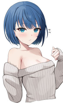 1girl absurdres armpit_crease bare_shoulders blue_eyes blue_hair blush bob_cut breasts cleavage closed_mouth collarbone commentary cropped_torso flying_sweatdrops grey_sweater hands_up highres kiritani_haruka kunizaki long_sleeves looking_at_viewer off-shoulder_sweater off_shoulder project_sekai ribbed_sweater short_hair sidelocks simple_background sleeves_past_wrists small_breasts solo sweatdrop sweater turning_head upper_body white_background
