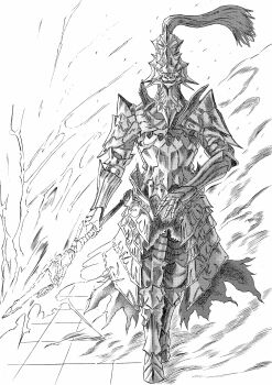 1boy 913kousatu absurdres armor armored_boots boots dark_souls_(series) dark_souls_i dragon_slayer_ornstein electricity electrokinesis faulds full_armor full_body gauntlets greyscale highres holding holding_polearm holding_weapon knight lightning looking_at_viewer male_focus monochrome pants pauldrons plume polearm shoulder_armor solo spear standing walking weapon