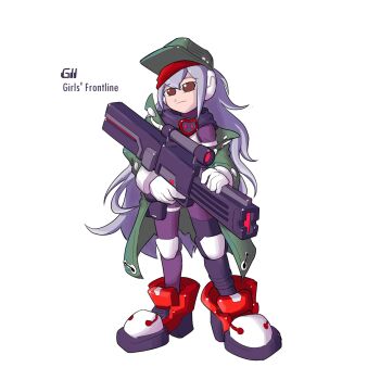 Rule 34 | 1girl, 2000s (style), assault rifle, brown eyes, character name, copyright name, full body, g11 (girls' frontline), girls' frontline, green hat, grey hair, gun, hair between eyes, hat, highres, holding, holding gun, holding weapon, jacket, karakatodzo, long hair, mega man (series), mega man zero (series), nakayama tooru (style), parody, red shoes, rifle, robot, shoes, standing, style parody, weapon