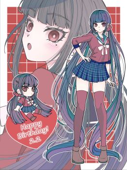 1girl :o blunt_bangs blush chibi commentary_request danganronpa_(series) danganronpa_v3:_killing_harmony dated hair_ornament hair_scrunchie hand_on_own_hip happy_birthday harukawa_maki highres long_hair long_sleeves looking_at_viewer low_twintails mole mole_under_eye plaid_clothes plaid_skirt pleated_skirt red_eyes red_scrunchie red_shirt red_thighhighs sailor_collar satori_(aosky9077) school_uniform scrunchie shirt skirt thighhighs twintails zettai_ryouiki