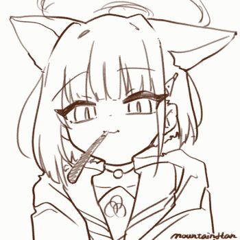 1girl animal_ears animated animated_gif artist_name blinking blue_archive cat_ears extra_ears food food_in_mouth greyscale halo incoming_kiss kazusa_(blue_archive) looking_at_viewer monochrome mountain_han pocky pocky_in_mouth portrait short_hair simple_background smile solo white_background