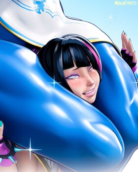 2girls absurdres aqua_nails ass between_legs between_thighs black_hair blue_nails blue_thighhighs blush bracelet breasts capcom cheek_squash china_dress chinese_clothes chun-li dress drill_hair eyeshadow fingerless_gloves fingernails glint gloves hair_horns han_juri head_between_thighs head_out_of_frame highres jewelry large_breasts lips looking_up lower_body makeup mika_dawn multicolored_hair multiple_girls nail_polish pantyhose pink_eyes pink_hair pink_lips rolling_eyes scissorhold skin_tight smile sparkle spiked_bracelet spikes squeezing streaked_hair street_fighter street_fighter_6 tapping_thigh teeth thick_thighs thighhighs thighs two-tone_hair yuri