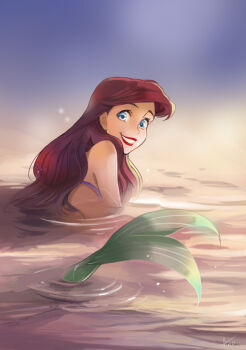 Rule 34 | 1girl, ano (sbee), ariel (disney), artist name, blue eyes, day, disney, female focus, happy, lipstick, long hair, looking at viewer, looking back, makeup, mermaid, monster girl, red hair, sky, smile, solo, the little mermaid (disney), water