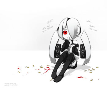 1girl android artist_name blood cartridge covering_own_mouth english_text glowing glowing_eye hand_over_own_mouth heart mecha mecha_musume pale_skin personification portal portal_(series) portal_1 portal_2 red_eyes robot sandragh sentry_turret_(portal) shadow simple_background white_background white_hair