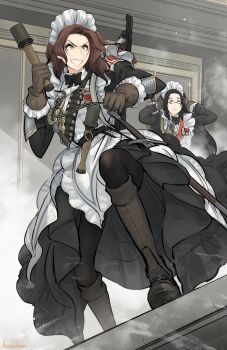 Rule 34 | apron, asterisk kome, black dress, black hair, boots, bow, brown hair, commentary request, covering own ears, dress, explosive, frills, gina wallace, glasses, gloves, grenade, gun, heroes of order, highres, holding, holding grenade, long hair, long sleeves, maid, maid apron, maid headdress, marie gardner, medal, multiple girls, short hair, shotgun, stick grenade, stielhandgranate, sword, weapon, white apron