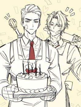 2boys animal_print apron bear_print cake chanil_(muexlku) collared_shirt commentary english_commentary food hair_slicked_back heathcliff_(project_moon) highres holding holding_rolling_pin holding_tray holding_whisk kkomi_(project_moon) limbus_company meursault_(project_moon) monochrome multiple_boys necktie oven_mitts parted_bangs project_moon red_necktie rolling_pin shirt spot_color tray upper_body whisk yellow_theme