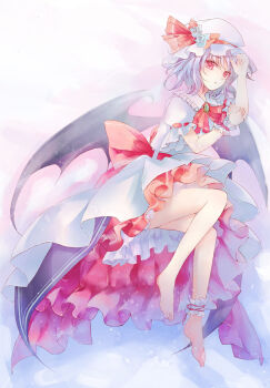 1girl ankle_garter barefoot bat_wings dress feet female_focus hat light_purple_hair na_s nazuka_(mikkamisaki) red_eyes remilia_scarlet short_hair solo touhou wings