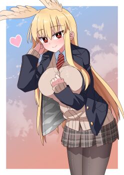 1girl absurdres akitokage black_jacket blonde_hair breasts bright_pupils brown_skirt cloud diagonal-striped_clothes diagonal-striped_necktie fate/grand_order fate_(series) head_wings heart highres jacket large_breasts necktie open_clothes open_jacket pantyhose plaid_clothes plaid_skirt red_eyes red_necktie school_uniform shirt sidelocks skirt sky smile solo striped_clothes thrud_(fate) valkyrie_(fate) white_pupils white_shirt wings yellow_wings