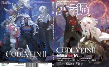 3boys 3girls armor artist_request black_coat black_gloves black_jacket black_necktie black_pants blue_dress breasts chain cleavage coat code_vein_ii collared_shirt commentary_request crossed_legs dark-skinned_female dark_skin dress famitsu fang fur-trimmed_jacket fur_trim gloves gold_chain gold_trim hair_ornament hair_over_one_eye hair_stick half_gloves head_rest headpiece helmet highres holding holding_weapon holly_asturias jacket josee_anjou kintsugi large_breasts light_particles long_hair long_sleeves looking_at_viewer lou_magmell lyle_mcleish multiple_boys multiple_girls necktie official_art open_clothes open_coat open_mouth pants pink_hair ponytail prosthesis prosthetic_leg protagonist_(code_vein_ii) red_eyes red_shirt scar scar_on_face second-party_source shirt shirt_tucked_in shoes short_hair sidelocks sitting small_breasts smile sports_bra squatting sword teeth thigh_strap upper_teeth_only weapon white_hair white_shirt white_shoes white_sports_bra yellow_eyes zenon_gryfgote