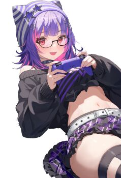 Rule 34 | 1girl, absurdres, alternate costume, bare shoulders, beanie, belt, black-framed eyewear, black choker, black shirt, black skirt, black thighhighs, bra strap, choker, colored inner hair, commission, controller, crop top, crop top overhang, fang, game controller, glasses, hat, highres, holding, holding controller, holding game controller, long sleeves, looking at viewer, lying, medium hair, midriff, miniskirt, multicolored hair, navel, off-shoulder shirt, off shoulder, on back, open mouth, pink hair, plaid clothes, plaid skirt, purple hair, red eyes, second-party source, semi-rimless eyewear, shirt, skeb commission, skirt, smile, solari riko, solo, stomach, streaked hair, striped hat, thighhighs, thighs, transparent background, two-tone hair, under-rim eyewear, virtual youtuber, vspo!, vspo! en, yahako, zettai ryouiki