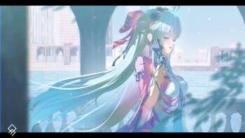 1girl absurdres ahoge artist_logo black_gloves blue_sky bow breasts carlotta_(wuthering_waves) closed_eyes commentary day dress english_commentary gloves grey_hair hair_bow hairband hand_up highres jacket letterboxed logo long_hair medium_breasts open_mouth pink_bow pink_hairband pink_jacket qurami sky solo striped_bow very_long_hair white_dress wind wuthering_waves