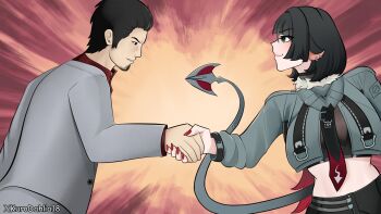 handshake jane_doe_(zenless_zone_zero) kiryu_kazuma kurodahlia18 looking_at_another meme reinterpretation