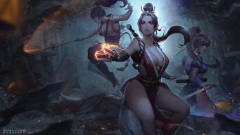 3girls arm_guards bare_shoulders black_boots black_hair boots breasts brown_hair cleavage clothing_cutout dead_or_alive fatal_fury fingerless_gloves fire folding_fan gloves hair_ornament hand_fan high_ponytail highres hip_vent holding holding_fan holding_polearm holding_sword holding_weapon japanese_clothes jumping kasumi_(doa) katana lantern large_breasts long_hair looking_at_viewer maoxfhan miko momiji_(ninja_gaiden) moonlight multiple_girls naginata ninja ninja_gaiden no_bra nontraditional_miko obi pelvic_curtain polearm ponytail puffy_short_sleeves puffy_sleeves pyrokinesis red_eyes revealing_clothes rope samurai sash shimenawa shiranui_mai short_sleeves sideboob slashing sleeveless sword thick_thighs thighhighs thighs very_long_hair wakizashi weapon