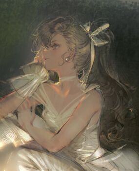 1girl bare_shoulders breasts brown_eyes brown_hair choker closed_mouth commentary dress earrings from_side grey_background hair_between_eyes hair_ribbon head_rest highres jewelry long_hair looking_ahead original ponytail quuni ribbon simple_background single_wrist_cuff sketch small_breasts solo sphere_earrings symbol-only_commentary unfinished upper_body white_choker white_dress white_ribbon white_wrist_cuffs wrist_cuffs