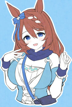 1girl animal_ears between_breasts blue_background blue_bag blue_eyes blue_scarf blush bow braid breasts brown_hair cleavage cropped_torso dress ear_bow hair_between_eyes horse_ears horse_girl large_breasts long_hair looking_at_viewer mauve multicolored_hair open_mouth scarf smile solo strap_between_breasts streaked_hair super_creek_(murmuring_stream)_(umamusume) super_creek_(umamusume) umamusume very_long_hair white_hair wrist_cuffs