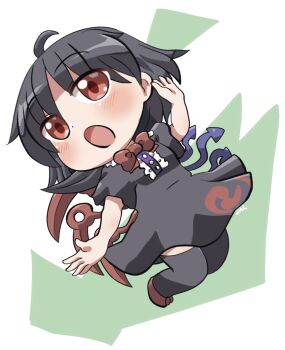 1girl :o ahoge asymmetrical_wings black_dress black_hair blue_wings blush bow bowtie center_frills chibi chibi_only commentary_request dot_nose dress frills full_body green_background hand_up highres houjuu_nue open_mouth red_bow red_bowtie red_eyes red_shoes red_wings rokugou_daisuke shoes short_dress short_hair short_sleeves signature solo touhou wings