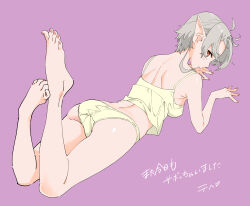 Rule 34 | 1girl, ass, barefoot, brown eyes, camisole, elf, full body, grey hair, hashiguchi takashi, highres, looking at viewer, looking back, lying, mushoku tensei, on stomach, panties, pointy ears, purple background, short hair, simple background, solo, sylphiette (mushoku tensei), the pose, toes, underwear