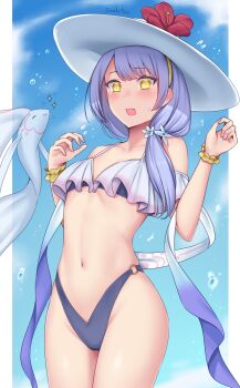 1girl blush elefee familiar fish flower grey_hair hair_flower hair_ornament hairband hat highres izumi_(under_night_in-birth) long_hair navel open_mouth side_ponytail soukitsu sun_hat swimsuit under_night_in-birth under_night_in-birth_2_sys:celes yellow_eyes yellow_hairband