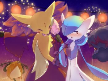 alternate_color blue_hair blue_skin blush bob_cut closed_eyes colored_skin dedenne delphox dress furry gardevoir gen_2_pokemon gen_3_pokemon gen_6_pokemon ghost hair_over_one_eye loyaldis misdreavus multicolored_fur multicolored_skin nintendo orange_fur pokemon pokemon_(creature) shiny_pokemon two-tone_skin white_dress white_skin yellow_fur