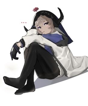 ... 1girl arknights black_pantyhose feet gloves highres innosick legs pallas_(arknights) pantyhose simple_background sitting thinking white_background