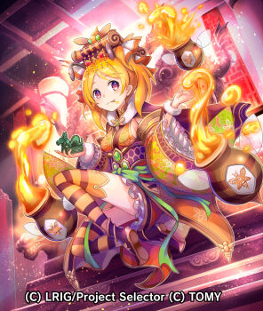 1girl absurdres blonde_hair copyright_notice dragon_statue highres hokuyuu holding_statue honey japanese_clothes kimono looking_at_viewer medium_hair official_art orange_kimono orange_thighhighs purple_eyes smile solo thighhighs tongue tongue_out wixoss yuan_shu_(wixoss)