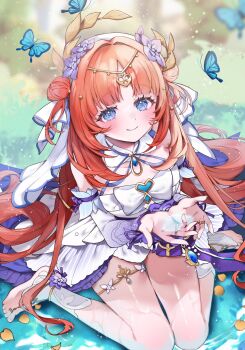 1girl barefoot blue_eyes blush bug butterfly commentary genshin_impact highres insect kuramiko looking_at_viewer nilou_(genshin_impact) red_hair sitting smile untranslatable_commentary wariza water