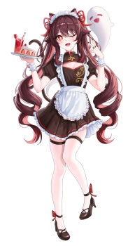 1girl ;d absurdres alternate_costume animal_ears ankleband apron black_nails black_shoes blush boo_tao_(genshin_impact) breasts brown_dress brown_hair cake cake_slice cat_ears cat_girl cat_tail cleavage cleavage_cutout clothing_cutout commentary_request dress drill_hair drinking_straw enmaided flower-shaped_pupils food frilled_apron frilled_dress frills fruit full_body genshin_impact glass hair_between_eyes hands_up highres holding holding_tray hu_tao_(genshin_impact) jewelry kemonomimi_mode leg_up long_hair looking_at_viewer maid maid_apron maid_headdress one_eye_closed open_mouth puffy_sleeves red_eyes ring shoes sicle simple_background small_breasts smile solo standing standing_on_one_leg strawberry symbol-shaped_pupils tail thigh_strap thighhighs thighs tray twintails v very_long_hair white_apron white_background white_thighhighs white_wrist_cuffs wrist_cuffs