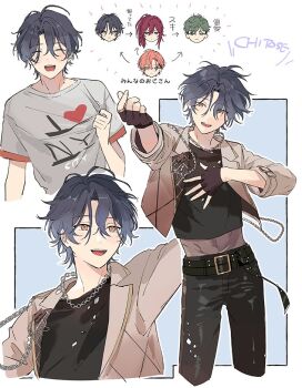 4boys belt belt_buckle black_belt black_pants black_shirt blue_hair brown_gloves buckle chain chain_necklace character_name closed_eyes closed_mouth curtained_hair ensemble_stars! facing_viewer finger_heart fingerless_gloves gloves green_hair hair_between_eyes hand_on_own_chest jacket jewelry kojika_juis kuon_mashu lapels madoka_nozomi male_focus mc_copycat mellow_dear_us_(ensemble_stars!) multiple_boys multiple_views necklace notched_lapels open_clothes open_jacket open_mouth orange_eyes outstretched_arm pants pink_eyes pink_hair red_eyes red_hair shirt short_hair short_sleeves t-shirt teeth three-quarter_sleeves translation_request tsuzura_chitose upper_teeth_only