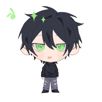 1boy andrew_graves antenna_hair arms_at_sides black_hair black_shoes black_sweater bright_pupils chibi chibi_only commentary denim double-parted_bangs english_commentary expressionless full_body green_eyes grey_pants hair_between_eyes highres jeans jitome long_sleeves looking_at_viewer male_focus pants puffy_long_sleeves puffy_sleeves shoes short_hair simple_background solo sparkle standing straight-on sweater tantantan21 the_coffin_of_andy_and_leyley tongue tongue_out torn_clothes torn_jeans torn_pants white_background white_pupils