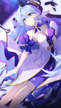 Rule 34 | 1girl, aqua eyes, asymmetrical gloves, bare shoulders, bracelet, breasts, cleavage, closed mouth, detached sleeves, dress, earrings, gloves, hair between eyes, halo, head wings, highres, honkai: star rail, honkai (series), jewelry, long hair, looking to the side, purple dress, qi di xiong, robin (honkai: star rail), short sleeves, solo, two-tone dress, uneven gloves, white dress, white gloves, white wings, wings