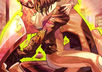 Rule 34 | 2girls, arms around neck, between legs, biker clothes, bikesuit, black gloves, black hair, bodysuit, commentary, english commentary, gloves, green outline, hand on another's waist, highres, kininatteru hito ga otoko ja nakatta, koga mitsuki, lipstick, long hair, makeup, motor vehicle, motorcycle, multiple girls, on motorcycle, oosawa aya, outdoors, outline, pink hair, smeared lipstick, tarquilizer, white gloves, yuri