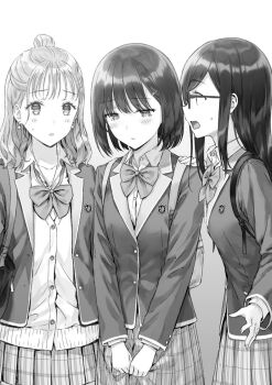 Rule 34 | 3girls, character request, clothes pull, crying, crying with eyes open, greyscale, hand on another's shoulder, hiten (hitenkei), monochrome, multiple girls, novel illustration, official art, sankaku no kyori wa kagirinai zero, school, school uniform, simple background, skirt, skirt pull, tears