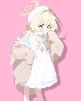 1girl :3 absurdres alternate_costume beret blonde_hair blue_archive blush brown_cardigan cardigan commentary dress feet_out_of_frame fluffy_hair green_eyes hair_intakes halo hat highres honi_(honi1010) hood hood_down hooded_dress long_hair looking_at_viewer open_cardigan open_clothes pink_background professor_niyaniya_(blue_archive) simple_background sleeves_past_fingers sleeves_past_wrists smile solo symbol-only_commentary white_dress white_hat yellow_halo