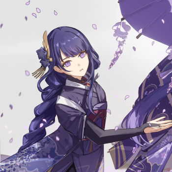 1girl blue_pupils blunt_bangs blurry braid chinese_commentary commentary_request flower flower_ornament from_side genshin_impact grey_background hair_ornament head_tilt highres japanese_clothes kimono long_braid long_hair looking_at_viewer looking_to_the_side mole mole_under_eye multicolored_eyes multicolored_hair official_alternate_costume oil-paper_umbrella open_mouth petals purple_eyes purple_kimono raiden_shogun red_sash sash simple_background single_braid solo standing streaked_hair umbrella upper_body wisteria yiyiyiyi670