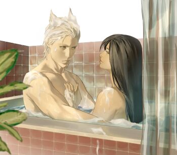 1boy 1girl bath bathing bathroom bathtub blue_eyes blush breasts closed_mouth completely_nude couple devil_may_cry_(series) hetero highres lady_in_red_(devil_may_cry) liibrra long_hair mixed-sex_bathing nude original partially_submerged shared_bathing short_hair smile soap soap_bubbles tile_wall tiles vergil_(devil_may_cry) white_hair